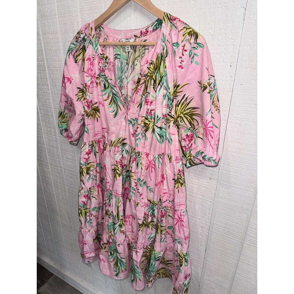 Crown & Ivy Tiered Babydoll Dress Womens Pink Tropical Flamingo PXL - Picture 3 of 6